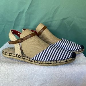 White Mountain blue/white ticking espadrilles